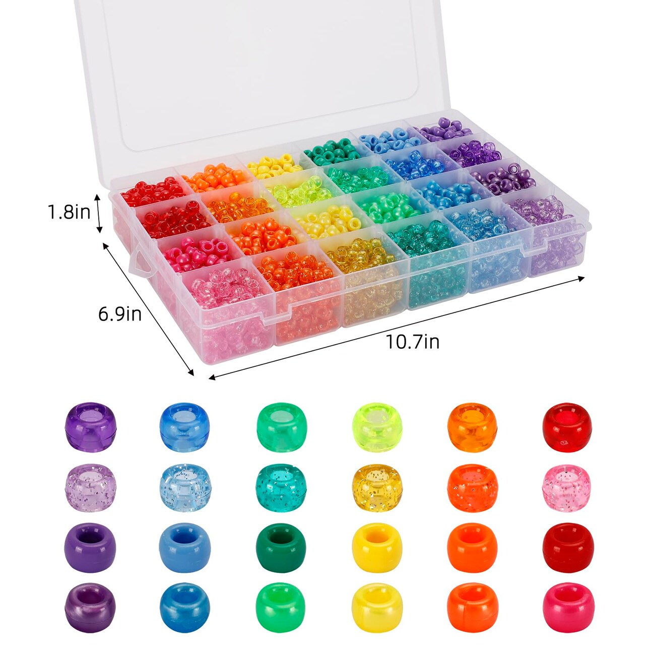 2880 Pieces Pony Beads Kit, Kandi Beads for Hair, Rainbow Beads Plastic Bead for Craft 6 x 9mm 24 Colors 4 Styles Large Hole Beads Set for Bracelets Jewelry Making